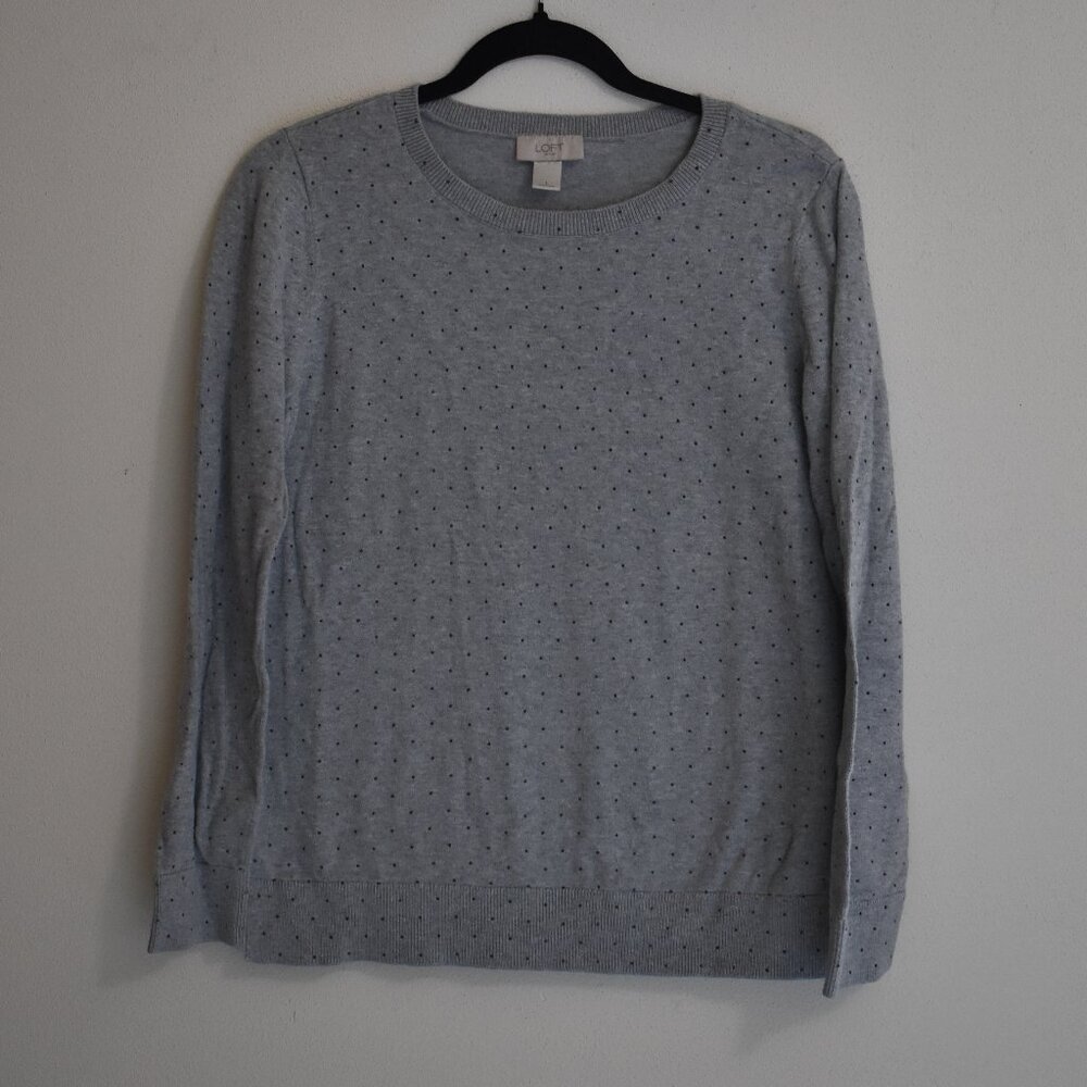 LOFT 100% Cotton Women Long Sleeve Gray with Black Polka Dot Sweater Large
